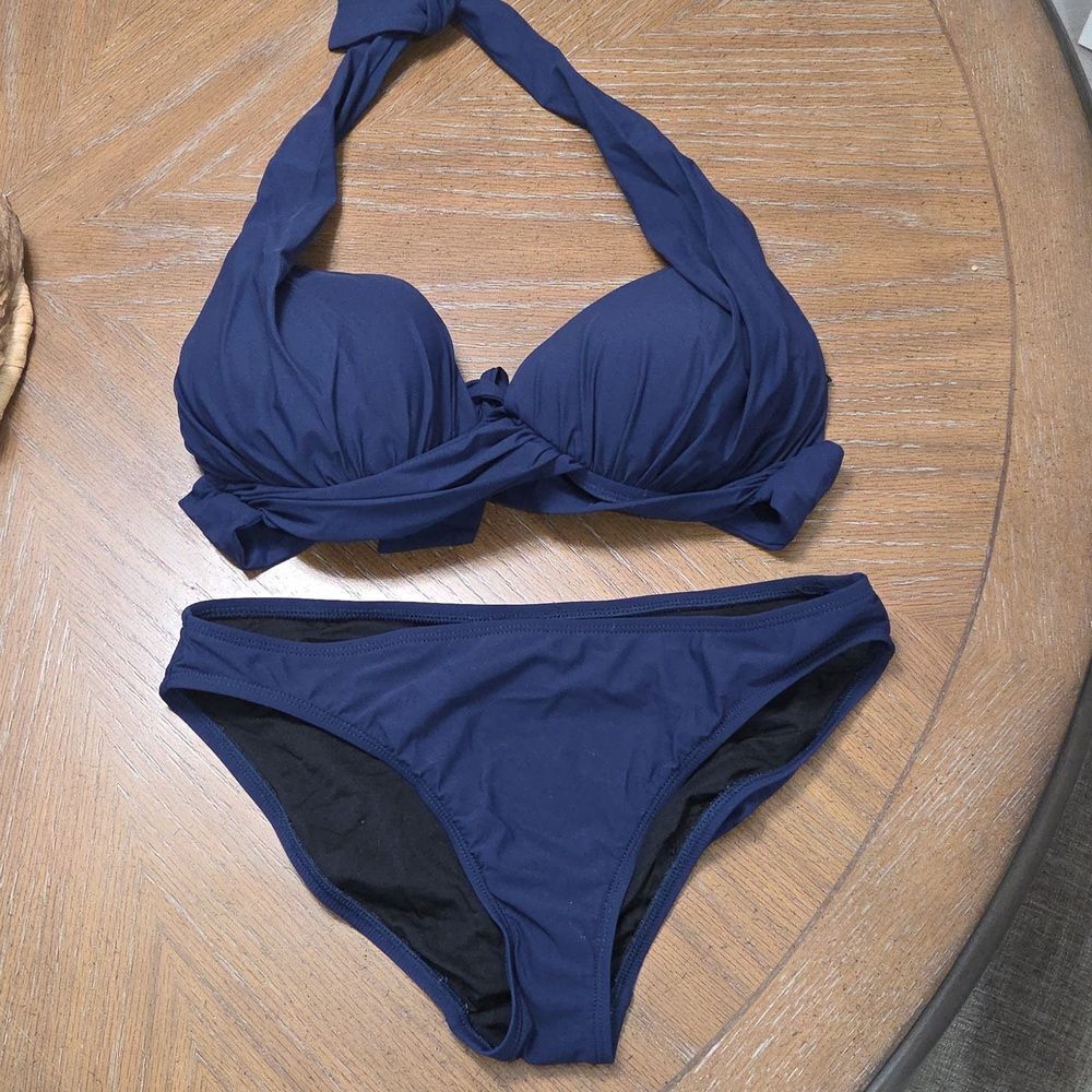2 Bamboo Navy Reef Solid Halter M Triangle Bikini Swim Top & Bottoms